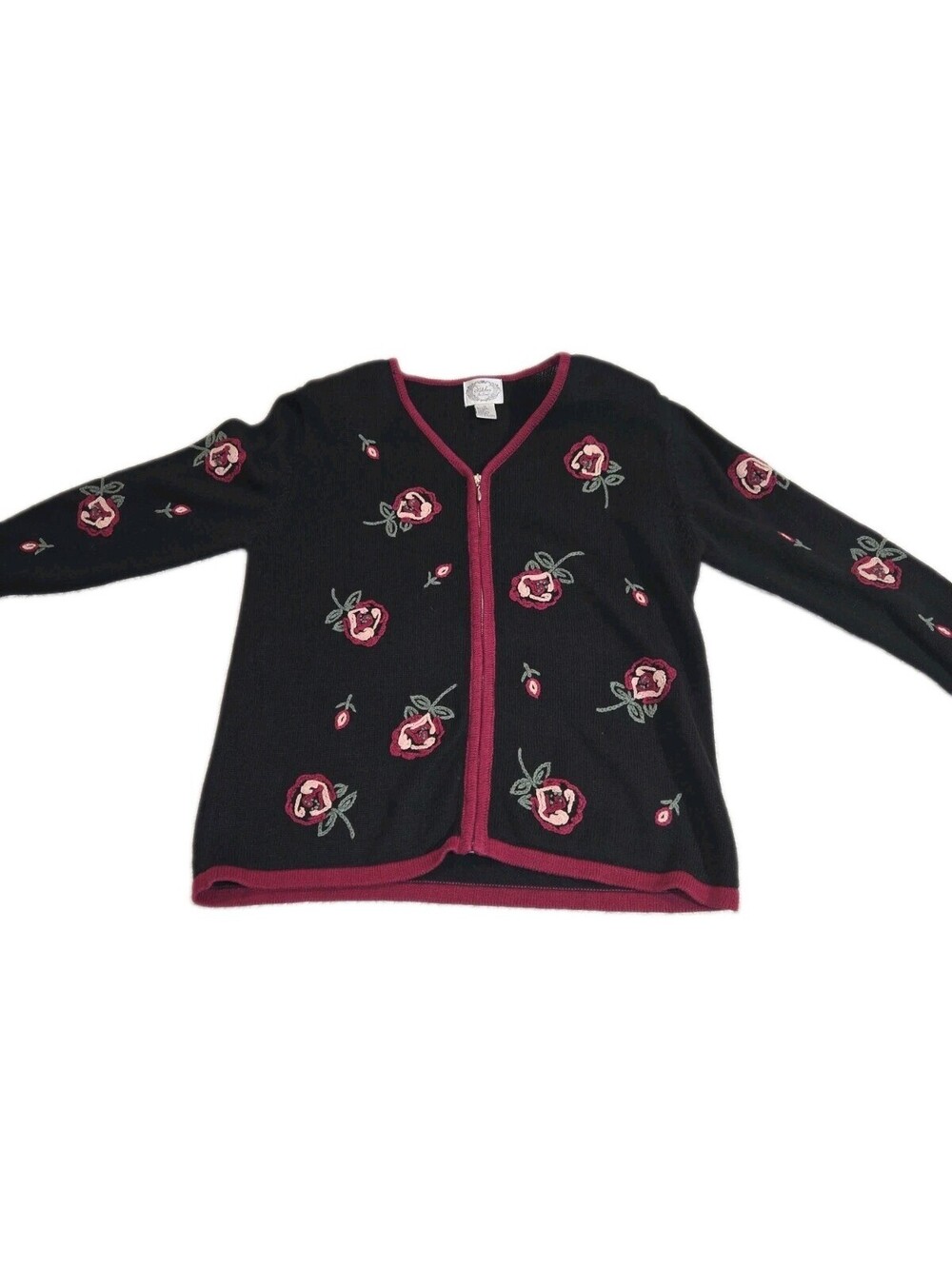 Vtg Women's Cardigan Sz M Ramie/cotton Black W Embroidered Rose Floral  Hong...